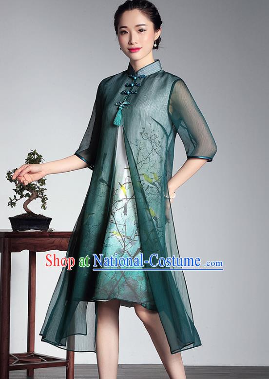 Traditional Chinese National Costume Elegant Hanfu Plated Buttons Qipao, China Tang Suit Green Silk Printing Cheongsam Dress for Women