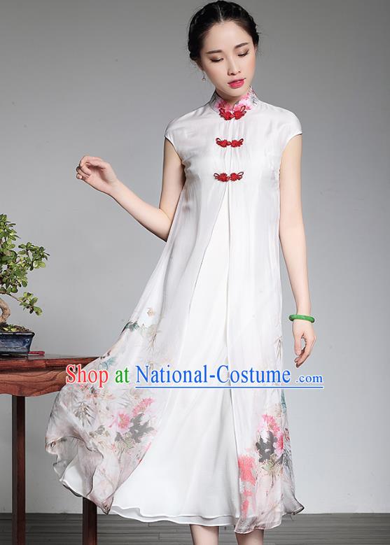 Traditional Chinese National Costume Elegant Hanfu Printing White Silk Qipao Dress, China Tang Suit Plated Buttons Cheongsam for Women