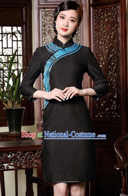 Traditional Chinese National Costume Hanfu Mandarin Qipao Dress, China Tang Suit Black Cheongsam for Women