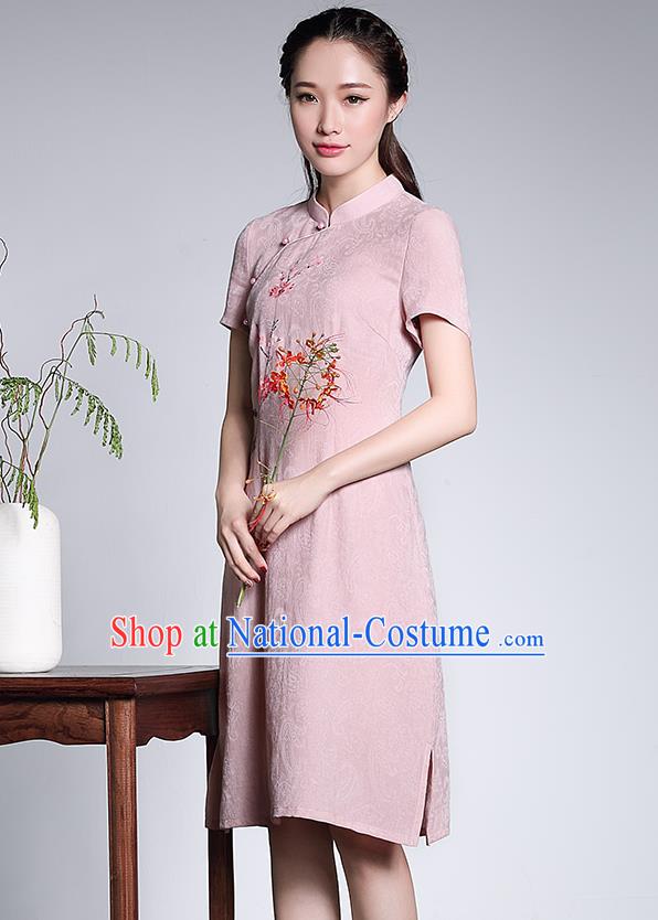 Traditional Chinese National Costume Hanfu Plated Button Pink Linen Qipao Dress, China Tang Suit Cheongsam for Women