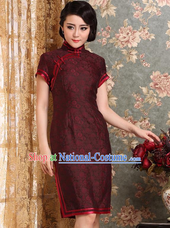 Traditional Chinese National Costume Hanfu Plated Button Red Silk Qipao Dress, China Tang Suit Cheongsam for Women