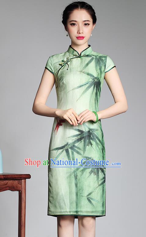 Traditional Chinese National Costume Ink Painting Bamboo Qipao Dress, China Tang Suit Chirpaur Green Cheongsam for Women