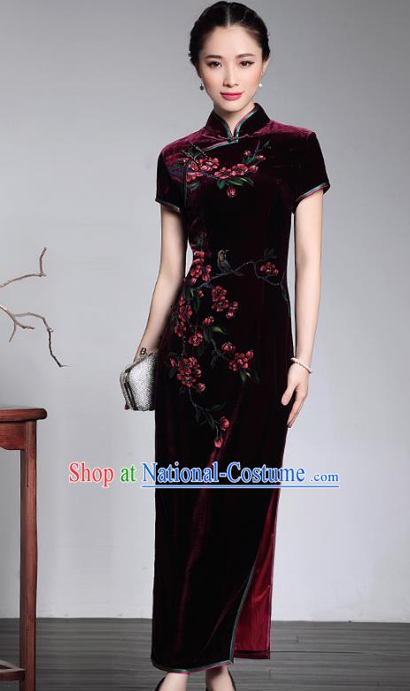 Traditional Chinese National Costume Plated Buttons Velvet Qipao Dress, China Tang Suit Chirpaur Purple Cheongsam for Women