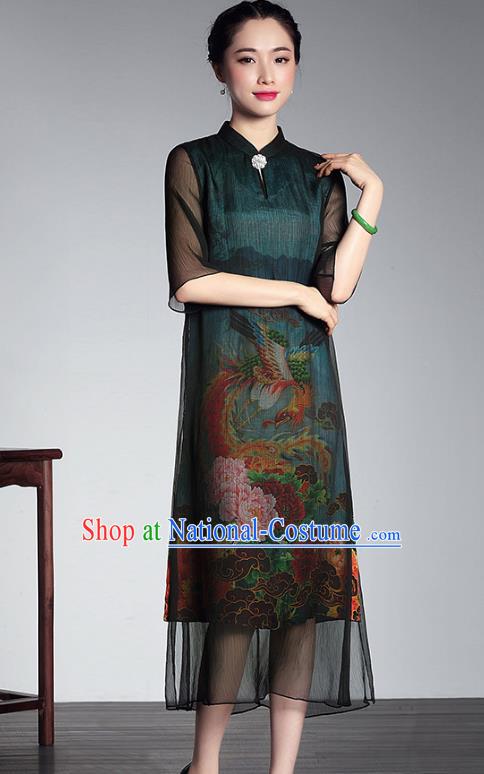 Traditional Chinese National Costume Plated Buttons Printing Peony Qipao Dress, China Tang Suit Chirpaur Green Silk Cheongsam for Women