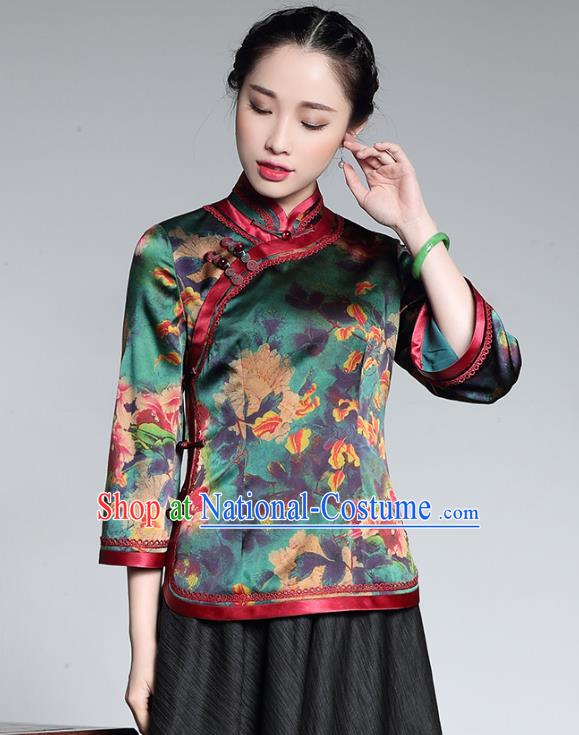 Traditional Chinese National Costume Plated Buttons Green Watered Gauze Qipao Shirts, China Tang Suit Chirpaur Cheongsam Blouse for Women