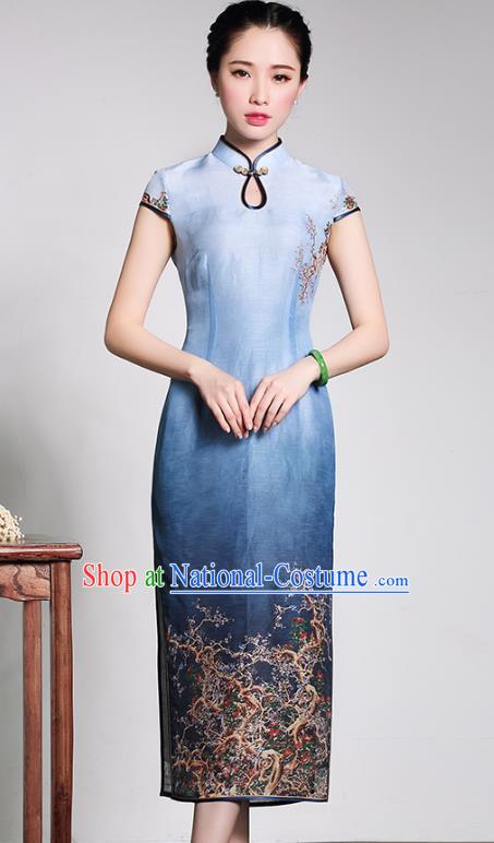 Traditional Chinese National Costume Plated Buttons Qipao Dress, China Tang Suit Chirpaur Blue Silk Cheongsam for Women