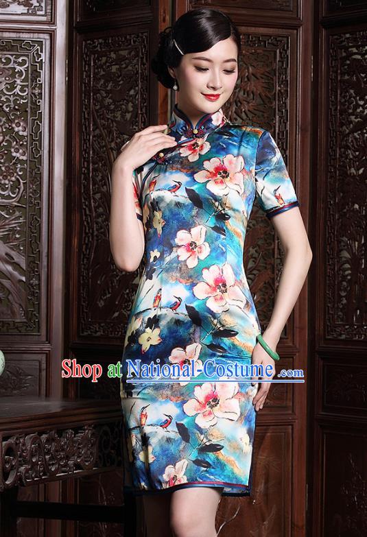 Traditional Chinese National Costume Plated Buttons Qipao, China Tang Suit Chirpaur Full Dress Silk Cheongsam for Women