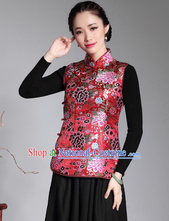 Traditional Chinese National Costume Plated Buttons Red Vest, China Tang Suit Chirpaur Upper Outer Garment Top Grade Brocade Waistcoat for Women