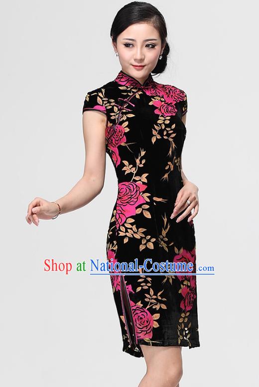 Traditional Chinese National Costume Plated Buttons Qipao, China Tang Suit Chirpaur Top Grade Velvet Cheongsam for Women