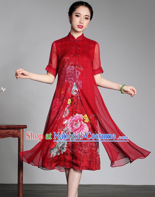 Traditional Chinese National Costume Plated Buttons Red Silk Qipao Dress, Top Grade Tang Suit Stand Collar Cheongsam for Women