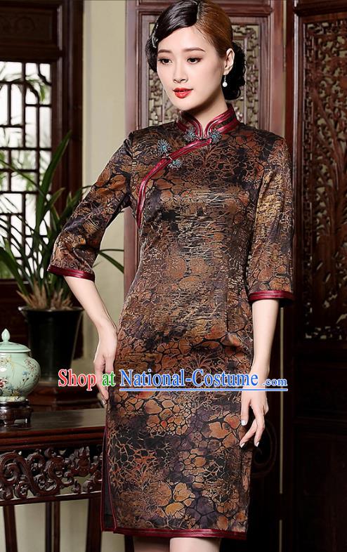 Traditional Chinese National Costume Plated Buttons Brown Silk Qipao Dress, Top Grade Tang Suit Stand Collar Watered Gauze Cheongsam for Women