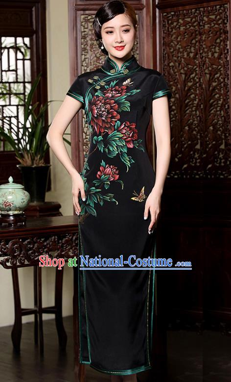 Traditional Chinese National Costume Plated Buttons Black Silk Qipao Dress, Top Grade Tang Suit Stand Collar Printing Cheongsam for Women