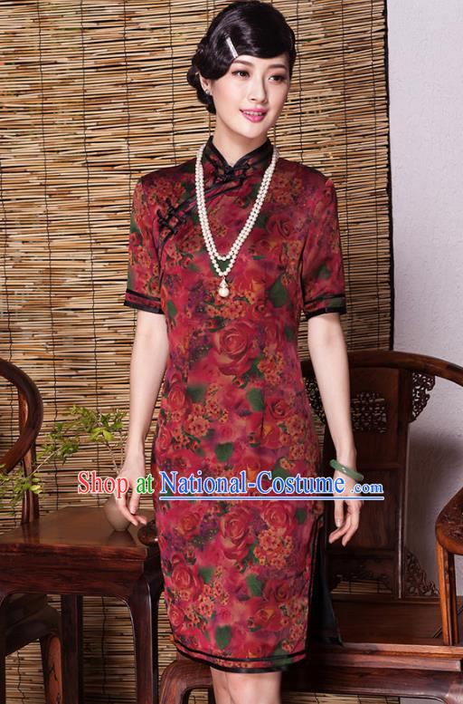 Traditional Chinese National Costume Plated Buttons Qipao, China Tang Suit Chirpaur Top Grade Red Silk Cheongsam for Women