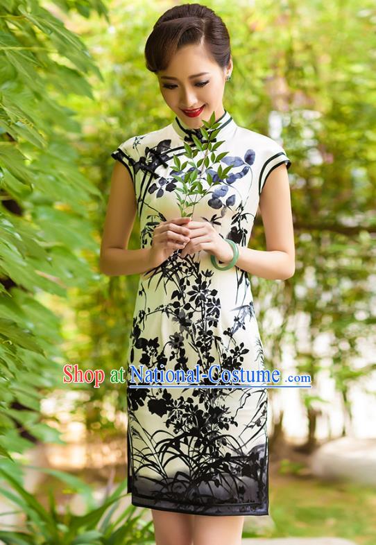 Traditional Ancient Chinese Young Lady Retro Cheongsam White Ink Painting Silk Dress, Asian Republic of China Qipao Tang Suit Clothing for Women