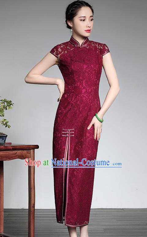 Traditional Ancient Chinese Young Lady Retro Cheongsam Wine Red Lace Dress, Asian Republic of China Qipao Tang Suit Clothing for Women