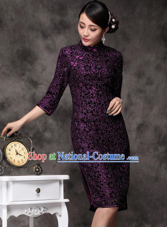 Traditional Chinese National Costume Plated Buttons Purple Qipao Dress, Top Grade Tang Suit Stand Collar Cheongsam for Women