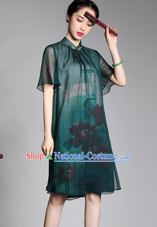 Traditional Chinese National Costume Plated Buttons Green Silk Qipao Dress, Top Grade Tang Suit Stand Collar Printing Lotus Cheongsam for Women