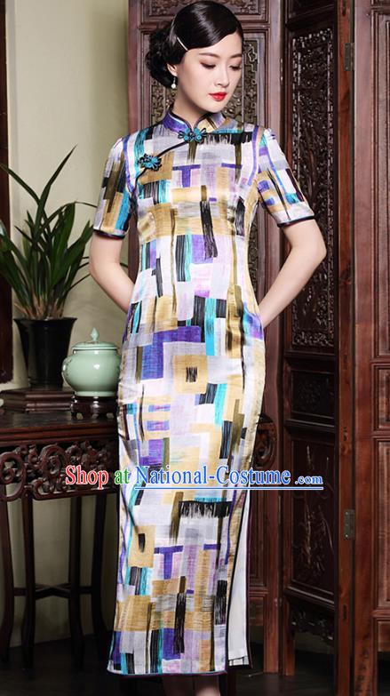 Traditional Chinese National Costume Qipao Printing Silk Dress, Top Grade Tang Suit Stand Collar Cheongsam for Women