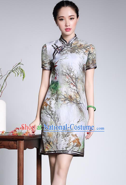 Traditional Chinese National Costume Qipao Printing Lotus Silk Dress, Top Grade Tang Suit Stand Collar Cheongsam for Women