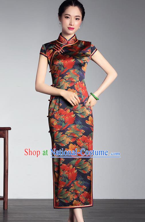 Traditional Chinese National Costume Long Qipao Satin Dress, Top Grade Tang Suit Stand Collar Cheongsam for Women