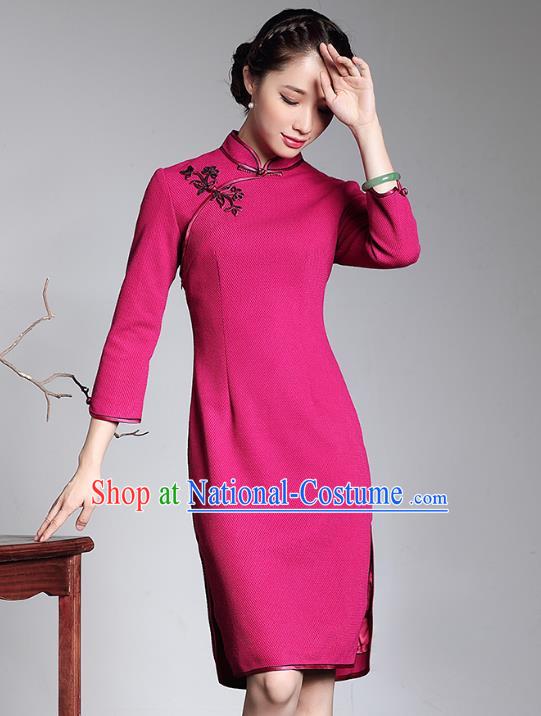 Traditional Chinese National Costume Qipao Rosy Wool Dress, Top Grade Tang Suit Stand Collar Cheongsam for Women