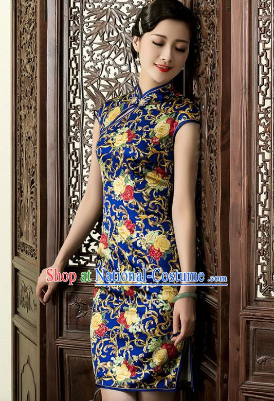 Traditional Ancient Chinese Young Lady Blue Silk Cheongsam, Republic of China Stand Collar Qipao Tang Suit Dress for Women