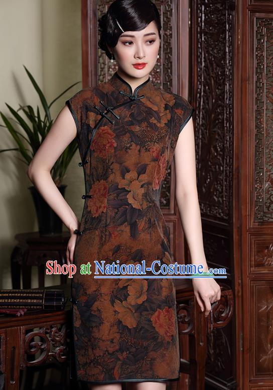 Traditional Ancient Chinese Young Lady Printing Brown Silk Cheongsam, Republic of China Stand Collar Qipao Tang Suit Dress for Women