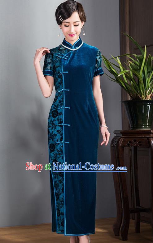 Traditional Ancient Chinese Young Lady Blue Velvet Cheongsam, Republic of China Stand Collar Qipao Tang Suit Dress for Women