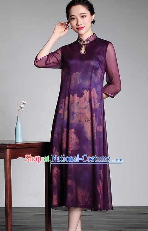 Traditional Ancient Chinese Young Lady Printing Purple Silk Cheongsam, Republic of China Stand Collar Qipao Tang Suit Dress for Women