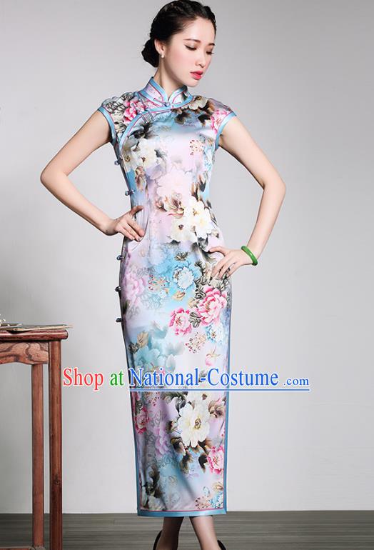 Traditional Chinese National Costume Long Qipao Printing Silk Dress, Top Grade Tang Suit Stand Collar Cheongsam for Women