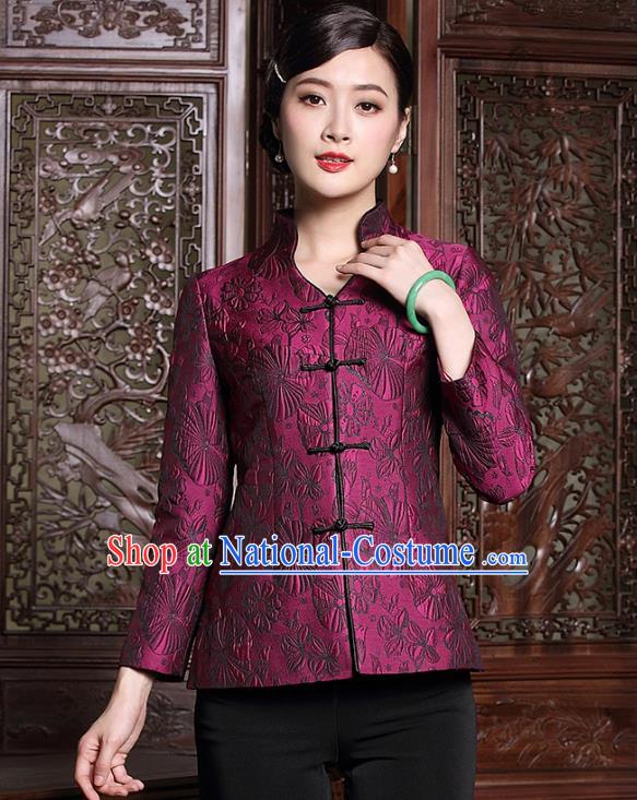 Traditional Ancient Chinese Young Lady Purple Cheongsam Coat, Republic of China Stand Collar Jacket Tang Suit Clothing for Women