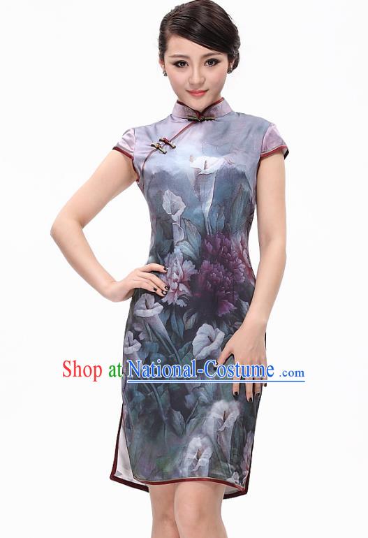 Traditional Ancient Chinese Young Lady Printing Daffodil Silk Cheongsam, Republic of China Qipao Tang Suit Dress for Women