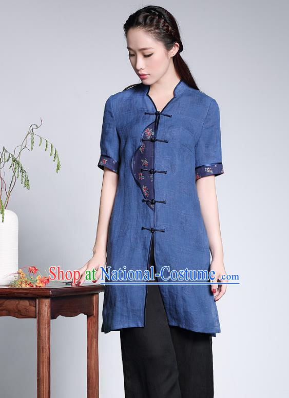 Traditional Ancient Chinese Young Lady Blue Linen Cheongsam Coats, Republic of China Qipao Tang Suit Blouse for Women