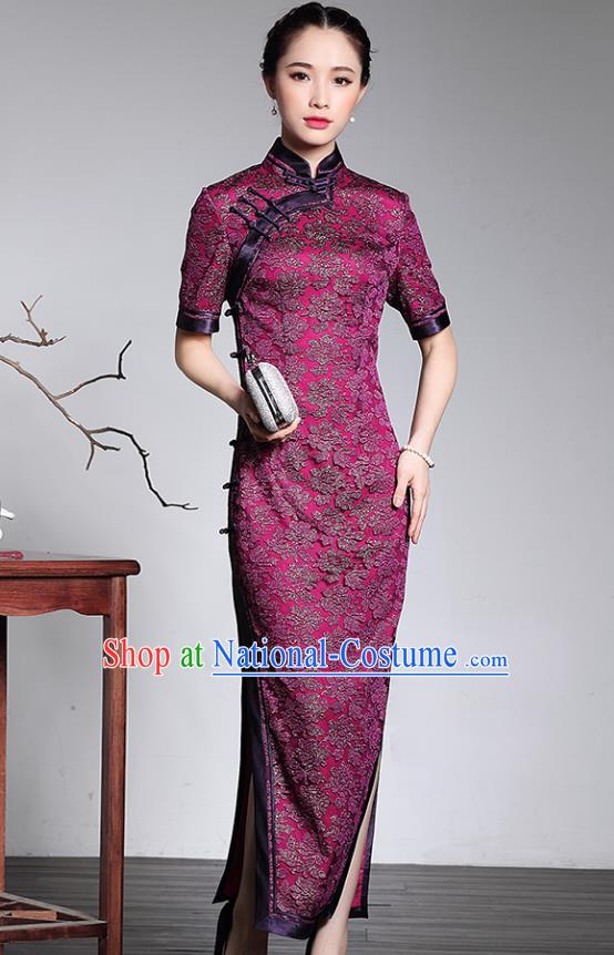 Traditional Ancient Chinese Young Lady Plated Buttons Silk Cheongsam, Asian Republic of China Purple Lace Qipao Tang Suit Dress for Women