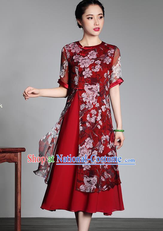 Traditional Ancient Chinese Young Lady Plated Buttons Printing Cheongsam, Asian Republic of China Red Qipao Tang Suit Dress for Women