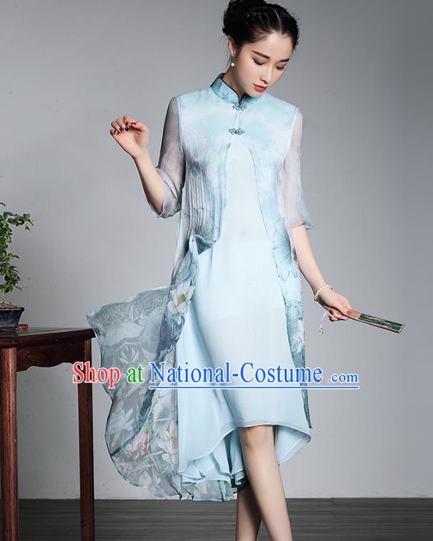 Traditional Ancient Chinese Young Lady Plated Buttons Printing Silk Cheongsam, Asian Republic of China Blue Qipao Tang Suit Dress for Women