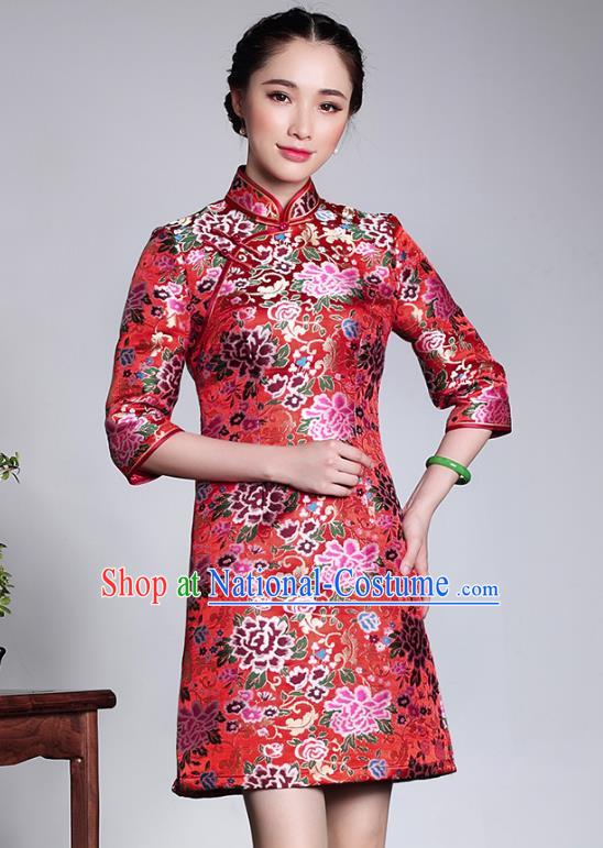 Traditional Ancient Chinese Young Lady Plated Buttons Red Brocade Cheongsam, Asian Republic of China Qipao Tang Suit Dress for Women