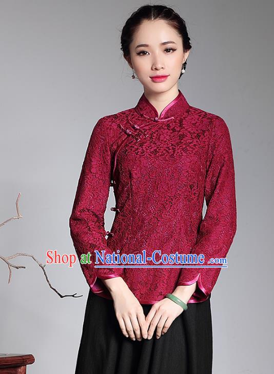 Traditional Ancient Chinese Young Lady Plated Buttons Red Lace Cheongsam Blouse, Asian Republic of China Qipao Shirts Tang Suit Dress for Women