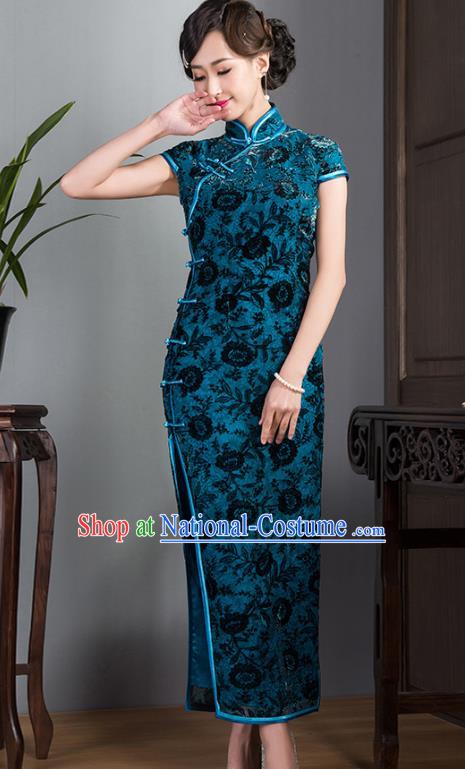 Traditional Ancient Chinese Young Lady Plated Buttons Blue Velvet Cheongsam, Asian Republic of China Qipao Tang Suit Dress for Women