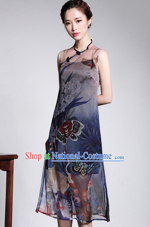 Traditional Ancient Chinese Young Lady Plated Buttons Cheongsam, Asian Republic of China Printing Silk Qipao Tang Suit Dress for Women