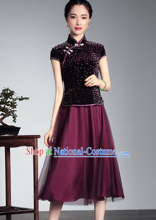 Traditional Ancient Chinese Young Lady Plated Buttons Velvet Cheongsam, Asian Republic of China Qipao Tang Suit Dress for Women