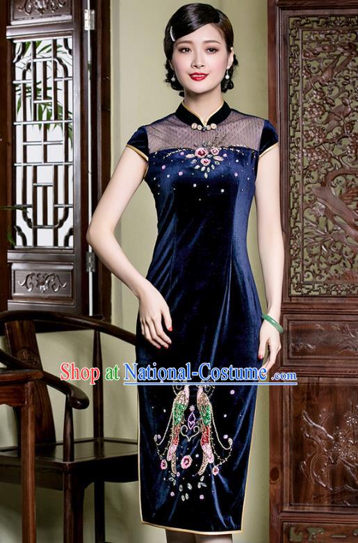 Traditional Ancient Chinese Young Lady Plated Buttons Blue Velvet Cheongsam, Asian Republic of China Qipao Tang Suit Dress for Women