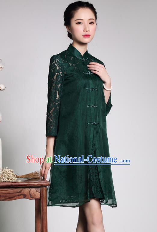 Traditional Ancient Chinese Young Lady Plated Buttons Green Lace Cheongsam, Asian Republic of China Qipao Tang Suit Dress for Women