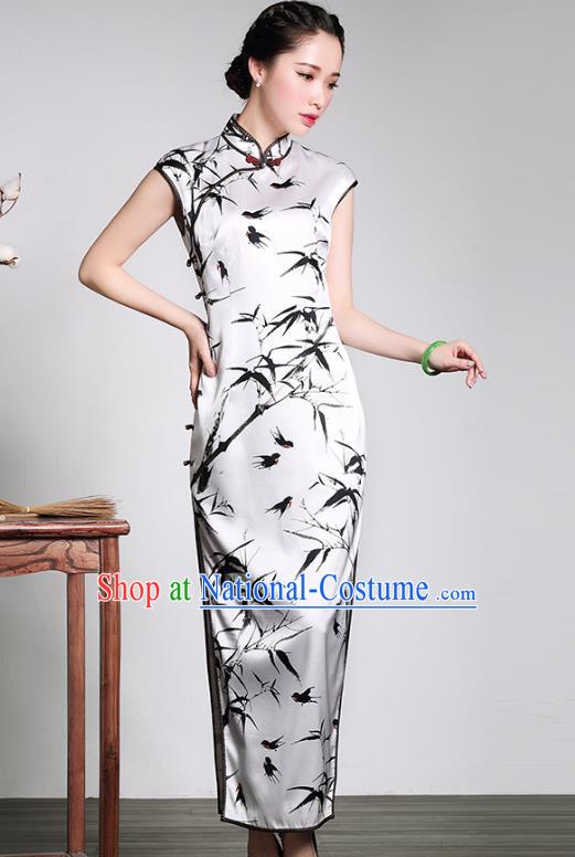 Traditional Ancient Chinese Young Lady Plated Buttons Printing Bamboo Cheongsam, Asian Republic of China Silk Qipao Tang Suit Dress for Women