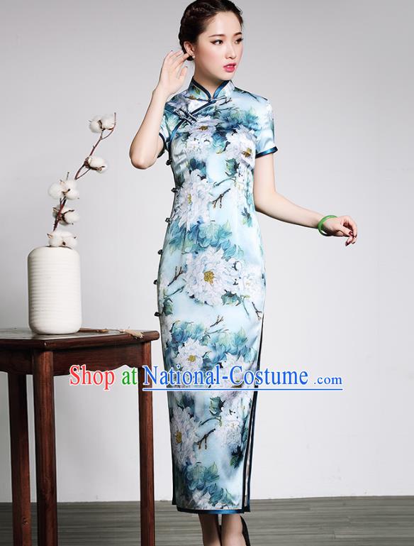 Traditional Ancient Chinese Young Lady Plated Buttons Printing Blue Cheongsam, Asian Republic of China Silk Qipao Tang Suit Dress for Women