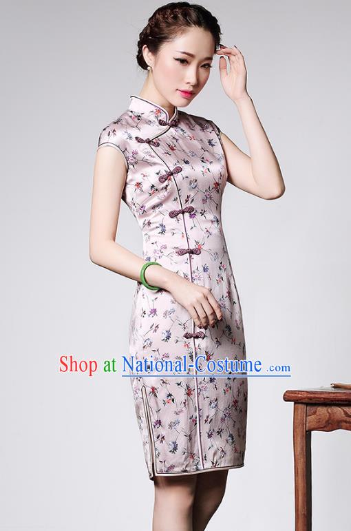 Traditional Ancient Chinese Young Lady Plated Buttons Pink Short Cheongsam, Asian Republic of China Silk Qipao Tang Suit Dress for Women