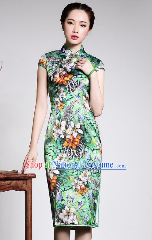 Traditional Ancient Chinese Young Lady Retro Silk Cheongsam Green Printing Dress, Asian Republic of China Qipao Tang Suit Clothing for Women