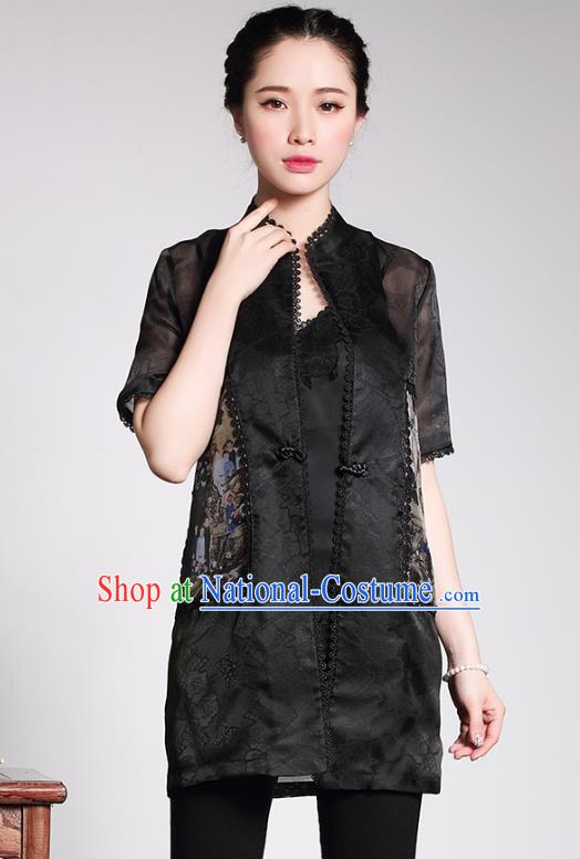 Traditional Ancient Chinese Young Lady Retro Black Silk Cheongsam Blouse, Asian Republic of China Qipao Tang Suit  Upper Outer Garment  for Women