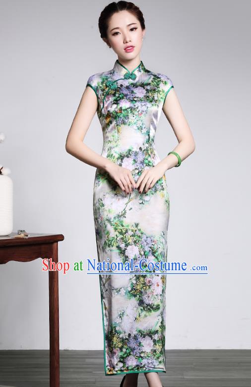 Traditional Ancient Chinese Young Lady Retro Printing Silk Long Cheongsam, Asian Republic of China Qipao Tang Suit  Dress for Women