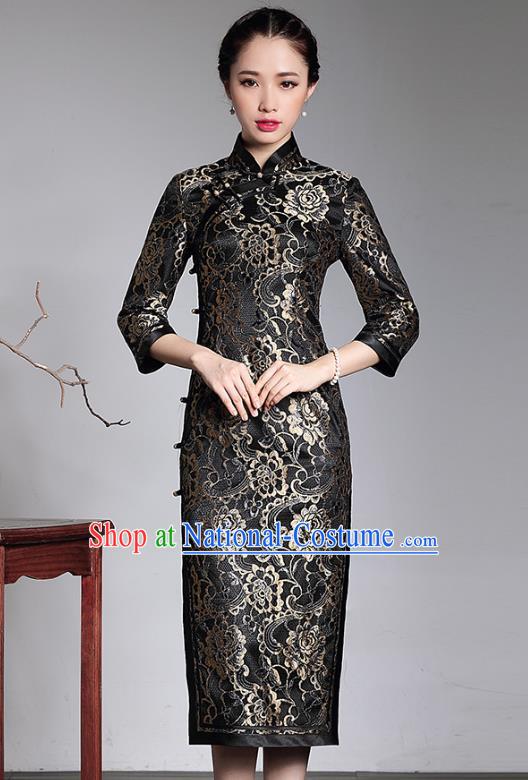 Traditional Ancient Chinese Young Lady Retro Printing Black Lace Cheongsam, Asian Republic of China Qipao Tang Suit  Dress for Women